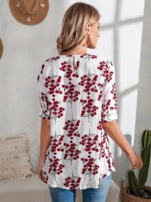Blusa Floral Con Cerradura En La Parte Trasera - Rojo y blanco - Ver 2