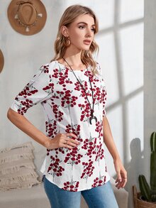 Blusa Floral Con Cerradura En La Parte Trasera - Rojo y blanco - Ver 3