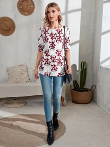 Blusa Floral Con Cerradura En La Parte Trasera - Rojo y blanco - Ver 5