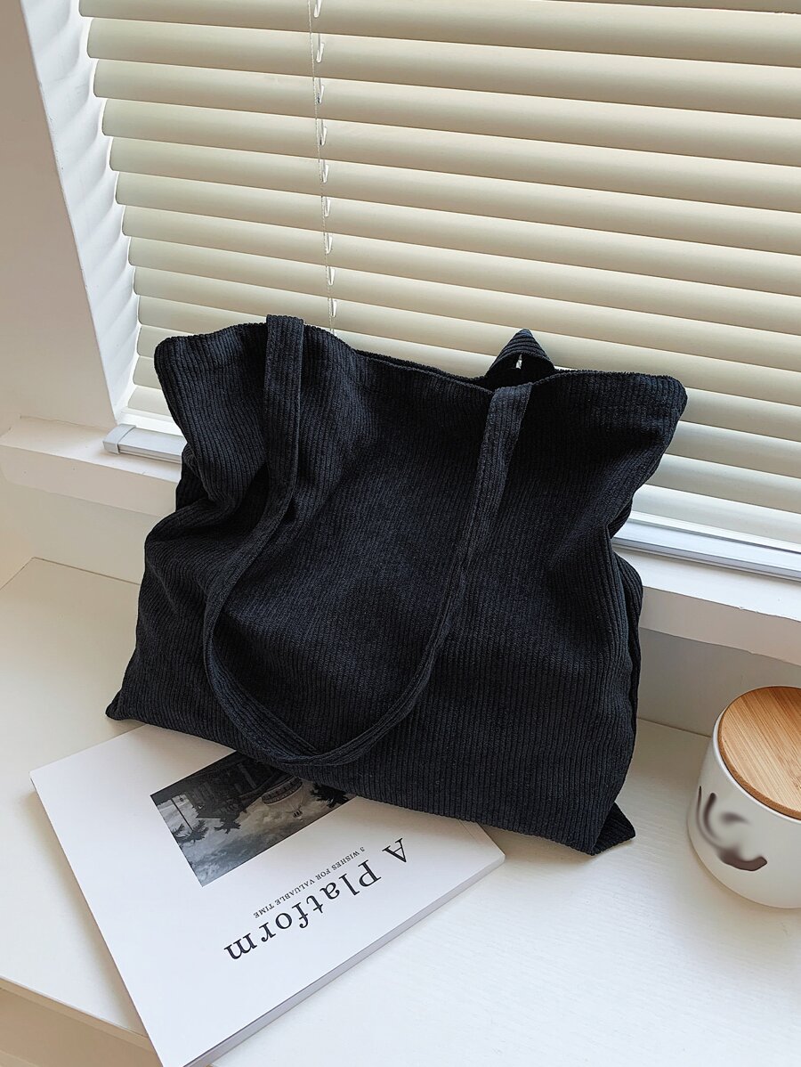 Túi mua sắm tối giản bằng vải nhung kẻ, túi sách thời trang cho tuần lễ sách, túi tote thời trang cỡ lớn, ý tưởng truyền cảm hứng mùa thu tuyệt vời nhất - màu đen - Xem 1