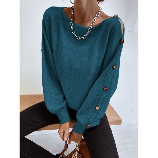 

Button Detail Boat Neck Sweater, Teal blue