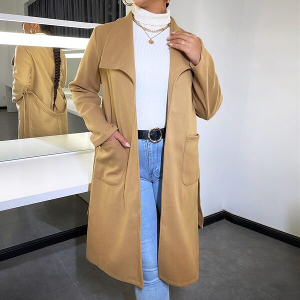 

Solid Open Front Dual Pockets Belted Overcoat, Khaki