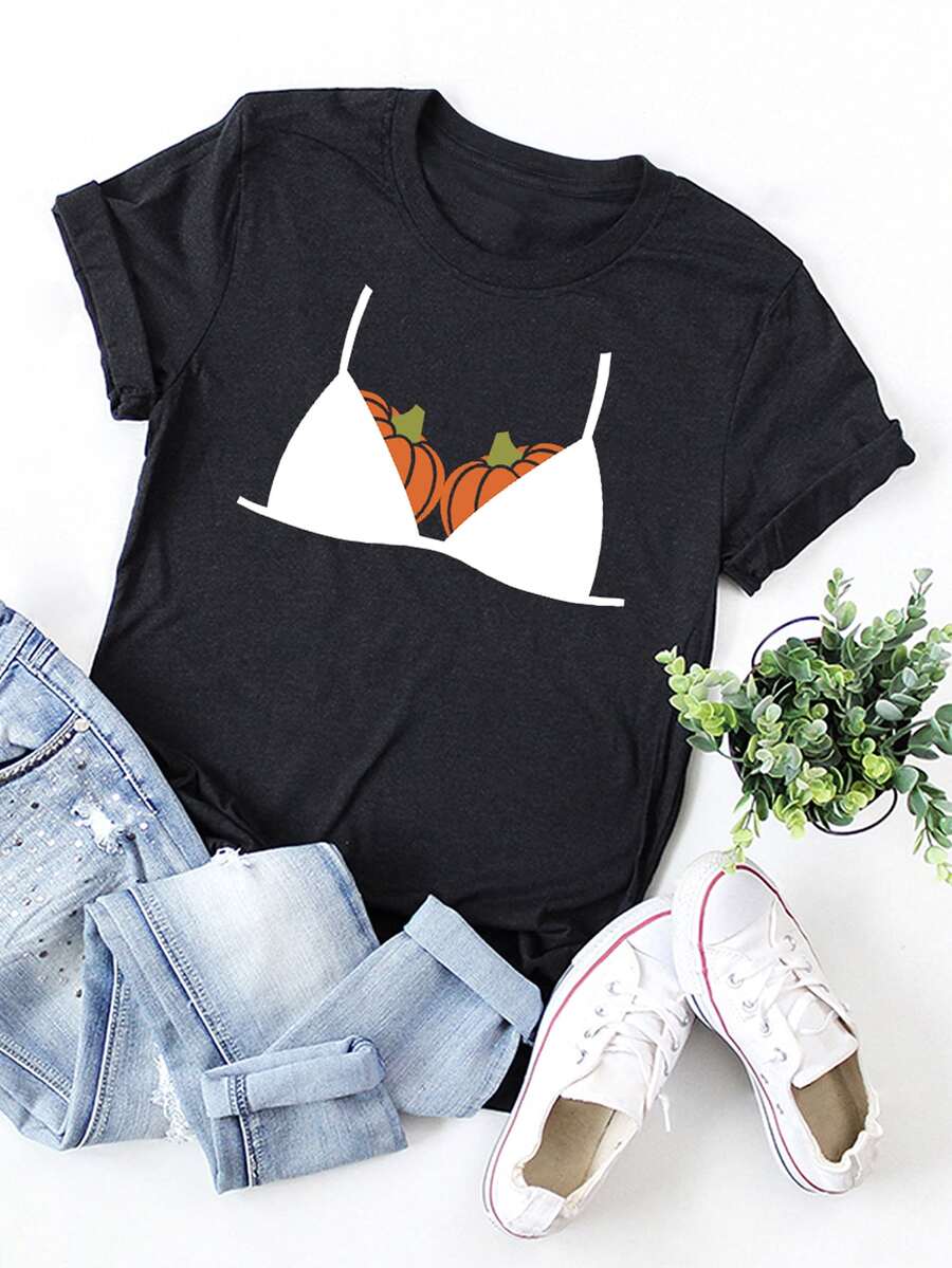 SHEIN Unity Camiseta Halloween estampado de calabaza - Negro - Ver 1