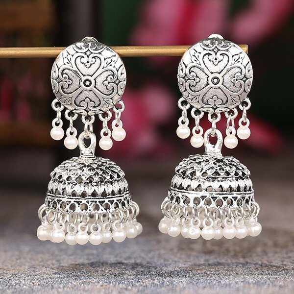 

Jhumka Drop Earrings, Antique silver