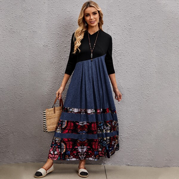 

Colorblock Flared Hem Smock Dress, Multicolor