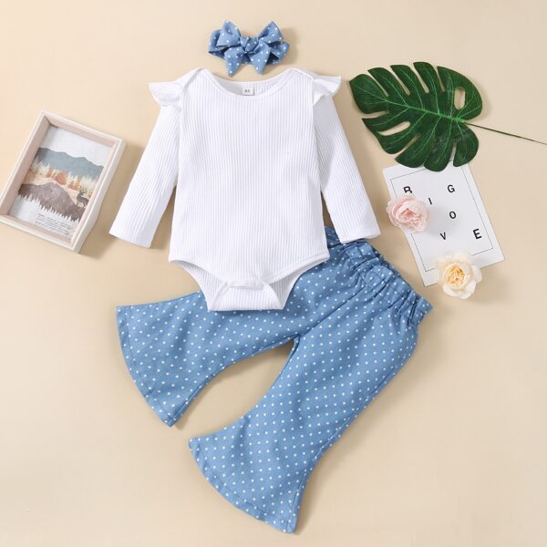 

Baby Solid Ruffle Trim Bodysuit & Flare Leg Pants & Headband, Blue and white
