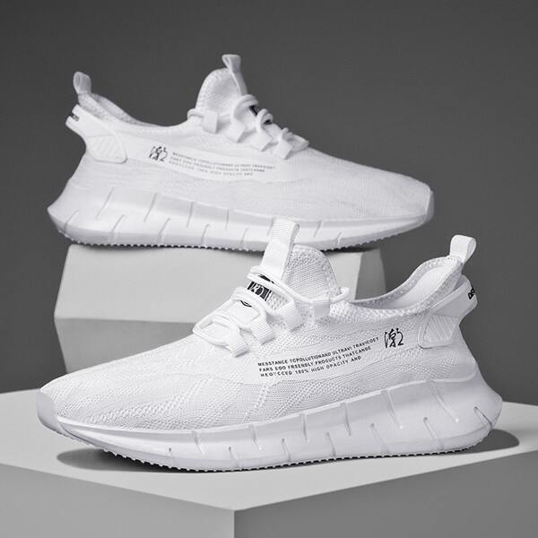 

Men Lace Up Decor Knit Sneakers, White