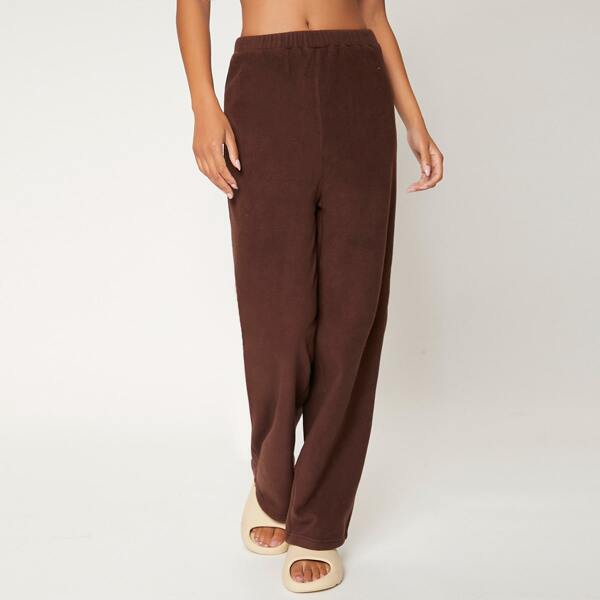 

Solid Elastic Waist Wide Leg Pants, Chocolate brown