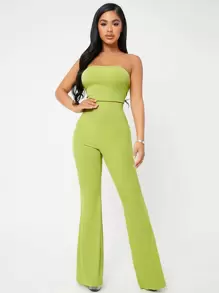 SHEIN SXY 短款抹胸上衣和喇叭褲套裝 - 青檸色 - 查看 3