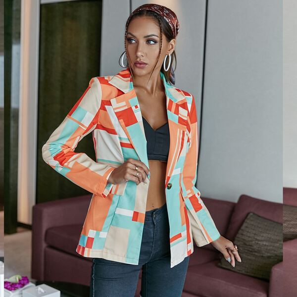 

Color Block Flap Pocket Single Button Blazer, Multicolor