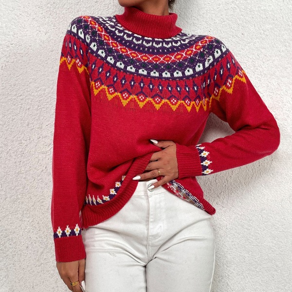 Turtle Neck Fair Isle Pattern Sweater, Red