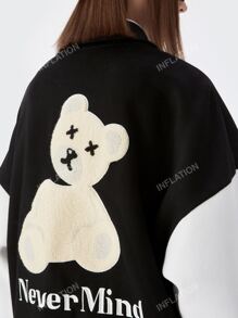 Patch Detail Slogan Embroidery Drop Shoulder Varsity Jacket