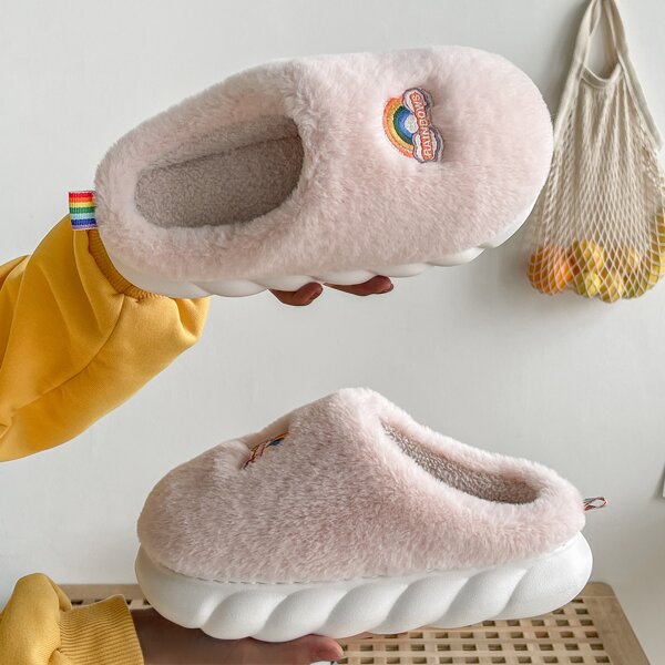 

Rainbow Graphic Fluffy Bedroom Slippers, Pink