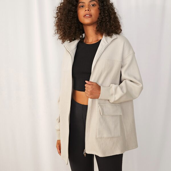 

Flap Pocket Drop Shoulder Fleece Coat, Apricot
