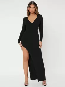 SHEIN SXY Split Thigh Maxi Dress - Black - View 3