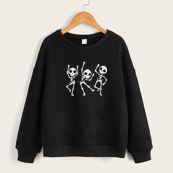 

Girls Skeleton Print Drop Shoulder Pullover, Black