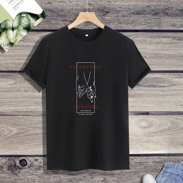 

Men Figure & Slogan Print Round Neck Tee, Black