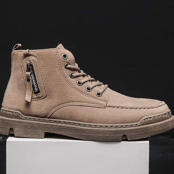 

Men Zip Decor Combat Boots, Brown