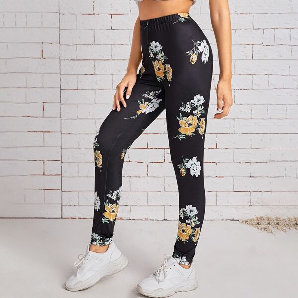

Floral Print Leggings, Black