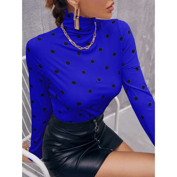 

Polka Dot High Neck Lettuce Trim Tee, Royal blue