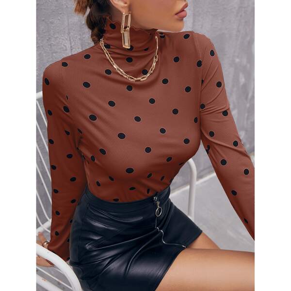 

Polka Dot High Neck Lettuce Trim Tee, Chocolate brown