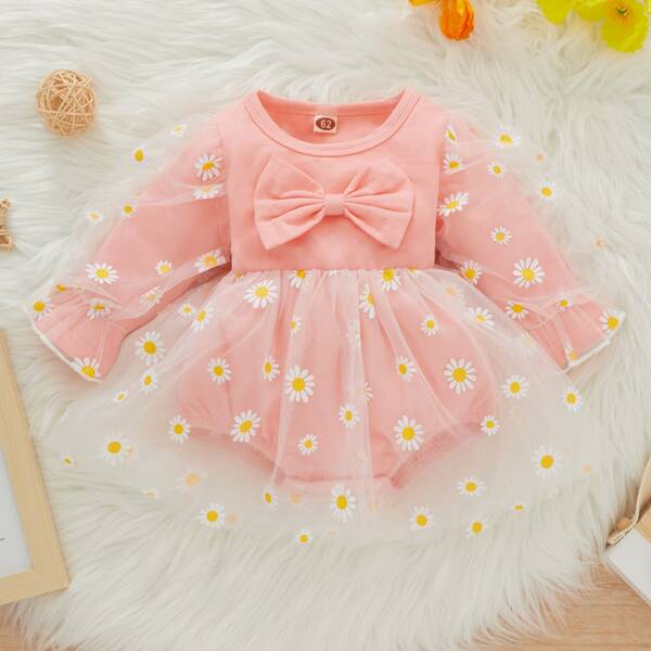 Baby Bow Front Floral Print Mesh Overlay Flounce Sleeve Bodysuit, Coral pink