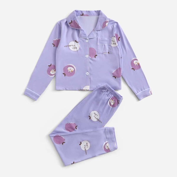 

для девочек Пижама с текстовым и мультипликационным принтом с заплаткой с карманом, Пурпурный