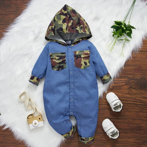 

Baby Camo Print Hooded Denim Jumpsuit, Blue