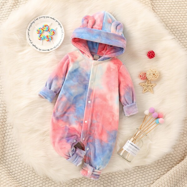 

Baby Tie Dye 3D Ear Design Hooded Flannel Jumpsuit, Multicolor
