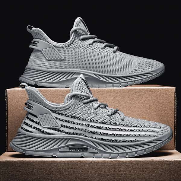 

Men Striped Knit Running Shoes, Grey