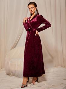 Modelyn 青果領泡泡袖腰帶絲絨連衣裙 - 酒紅色 - 查看 4