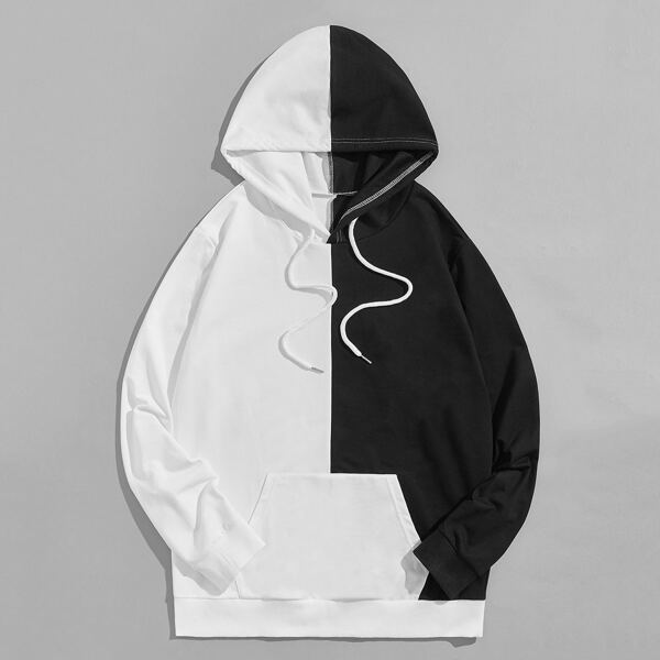 Men Colorblock Drawstring Detail Sweatshirt, Black and white