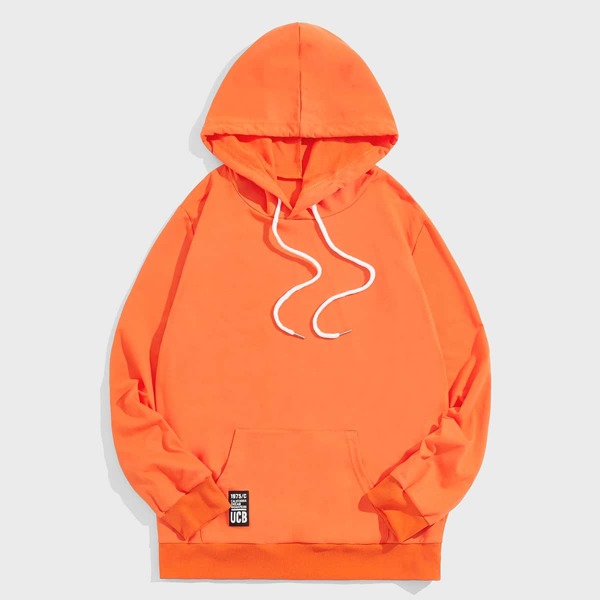 

Men Patched Detail Drawstring Kangaroo Pocket Hoodie, Orange