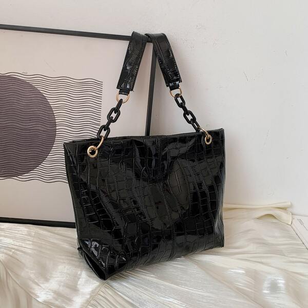 

Stone Graphic Chain Shoulder Bag, Black