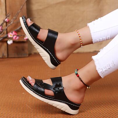 Floral Appliques Cut Out Flatform Mules