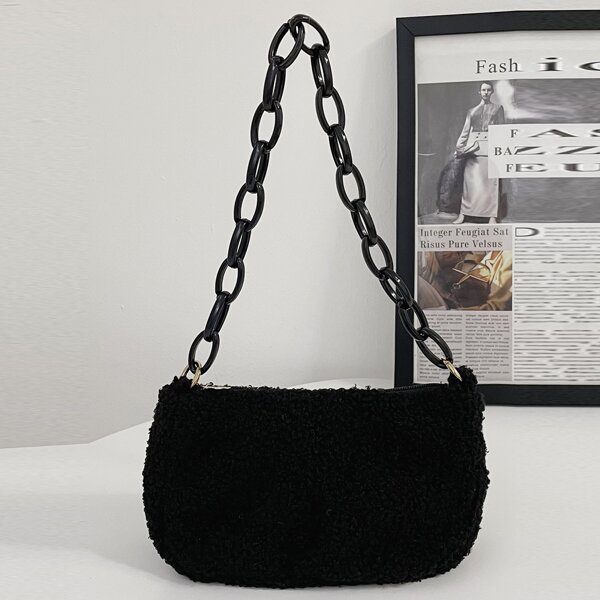 

Fluffy Chain Baguette Bag, Black