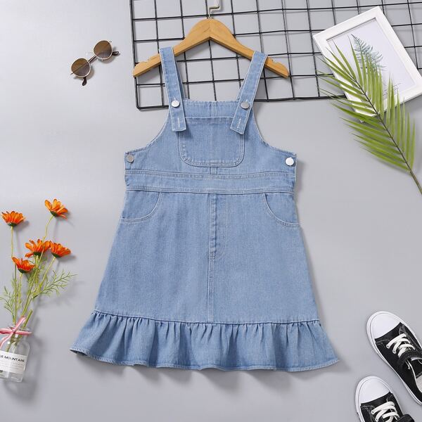 

Girls Button Pocket Flounce Hem Overall Denim Dress, Light wash