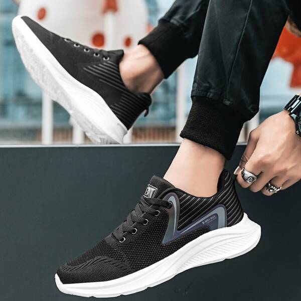 

Men Knit Letter Graphic Running Shoes, Black