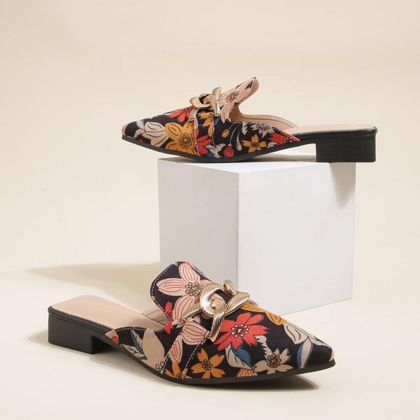 

Chain Decor Floral Pattern Flat Mules, Multicolor