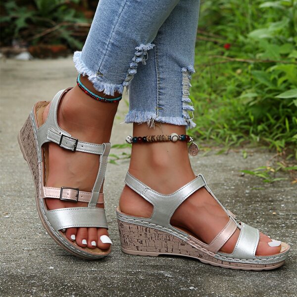 

Metallic Two Tone Buckle Decor Wedge Sandals, Silver