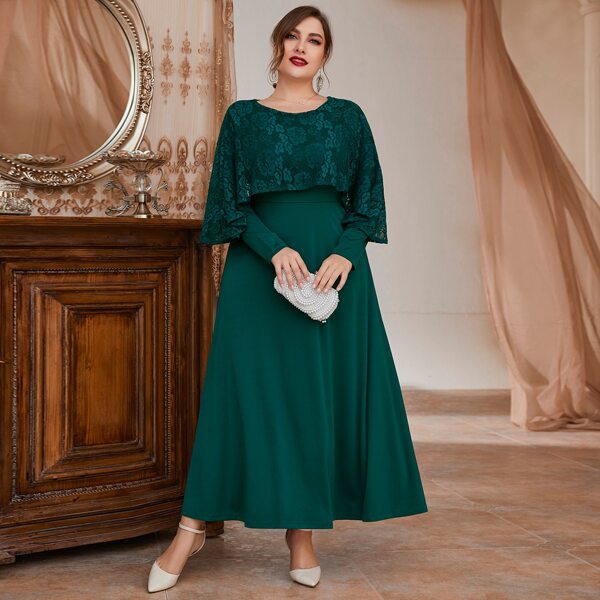 

Plus Lace Panel Prom Dress, Dark green