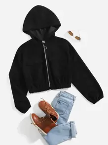 SHEIN 青少年女孩翻蓋口袋金屬圓環拉鍊連帽燈芯絨夾克 - 黑色 - 查看 1