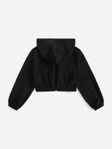 SHEIN 青少年女孩翻蓋口袋金屬圓環拉鍊連帽燈芯絨夾克 - 黑色 - 查看 2