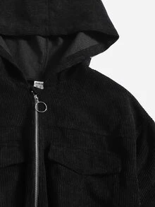 SHEIN 青少年女孩翻蓋口袋金屬圓環拉鍊連帽燈芯絨夾克 - 黑色 - 查看 3