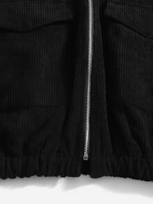 SHEIN 青少年女孩翻蓋口袋金屬圓環拉鍊連帽燈芯絨夾克 - 黑色 - 查看 4