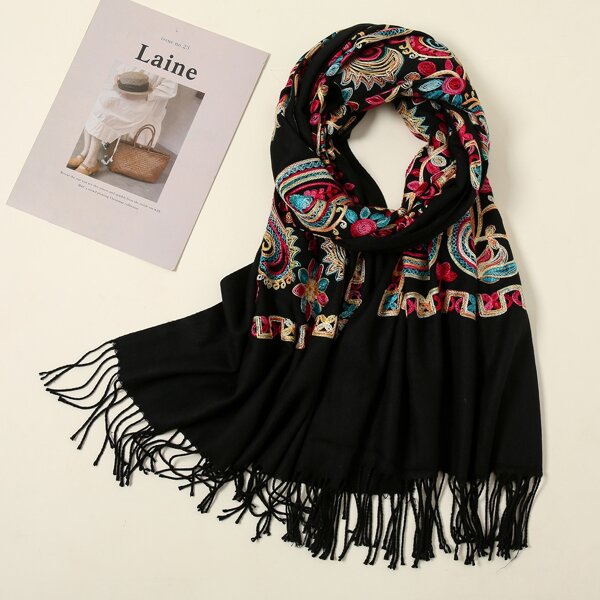 

Paisley Knit Fringe Hem Scarf, Multicolor