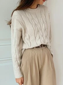 DAZY Suéter de punto de cable sólido con hombros caídos, tops de manga larga, ropa de otoño