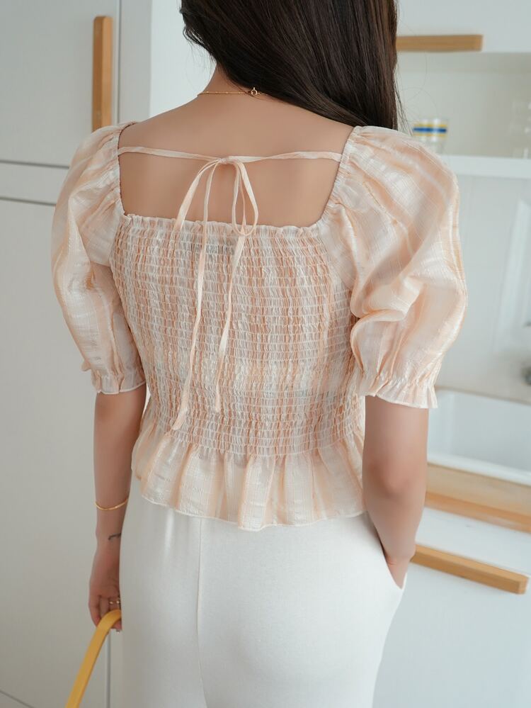 Plaid Print Off Shoulder Shirred Peplum Blouse