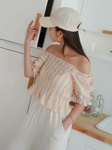 DAZY 格紋印花一字肩打褶荷葉邊下擺襯衫 - 彩色 - 查看 6