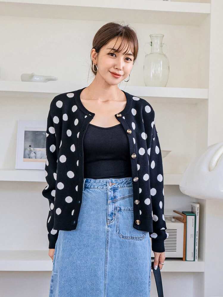 DAZY Polka Dot Pattern Drop Shoulder Cardigan | SHEIN